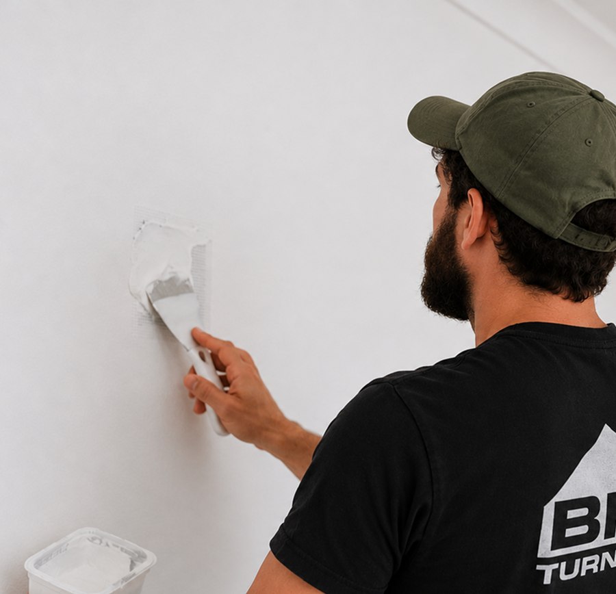 Brooklyn Turnover Co. technician applying drywall compound — paint-ready patch finish