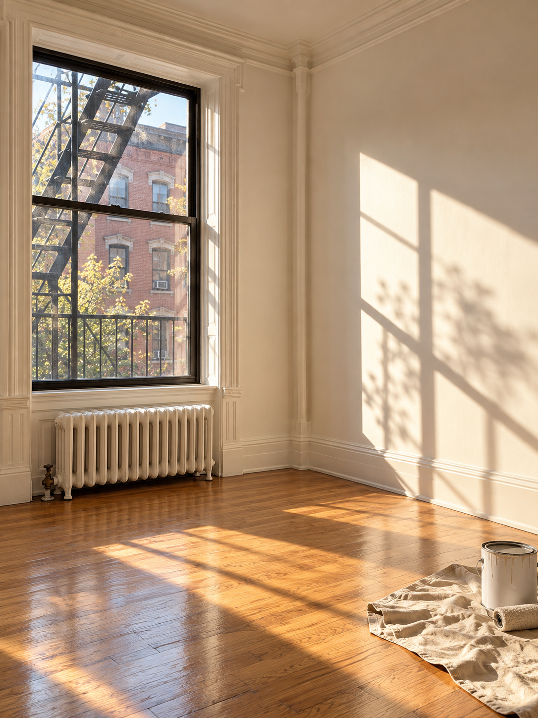 Illustrative freshly painted Brooklyn apartment with tall windows and hardwood floors